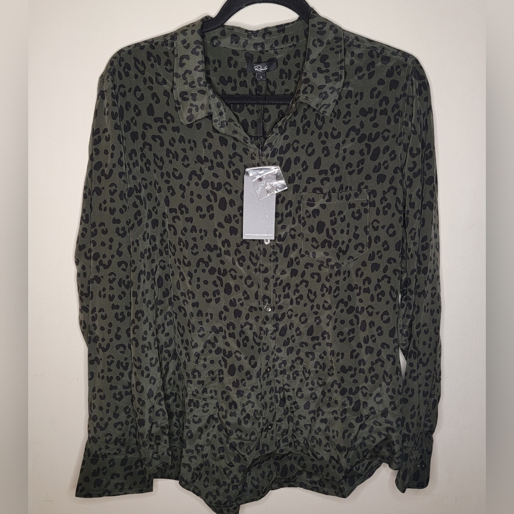 Rails Dark Green and Black Leopard Print Silk Button Down Shirt Size L